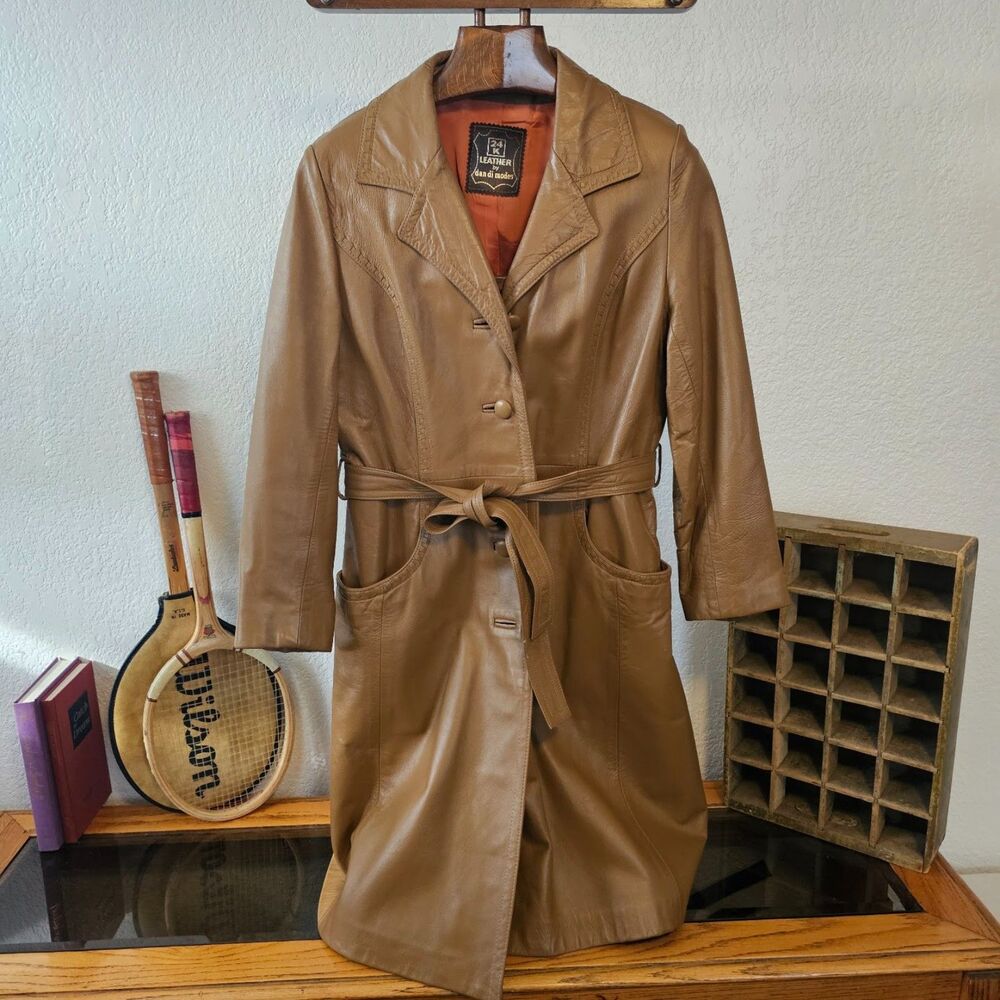 Vintage 70s Dan Di Modes Tan Leather Trench Coat Whipstitch Penny Lane Medium